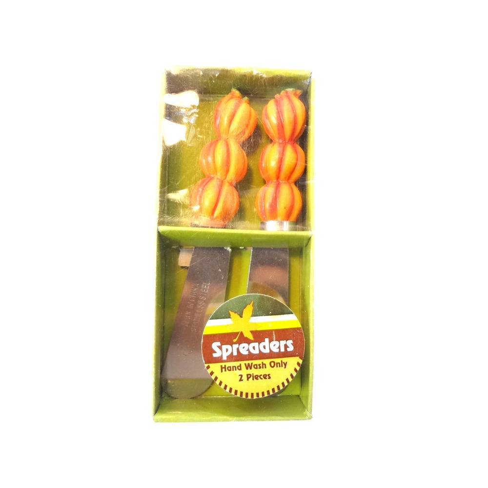 Stainless Steel Cheese‎ Spreaders Orange Stacked Pumpkins Harvest Fall 2pc Set